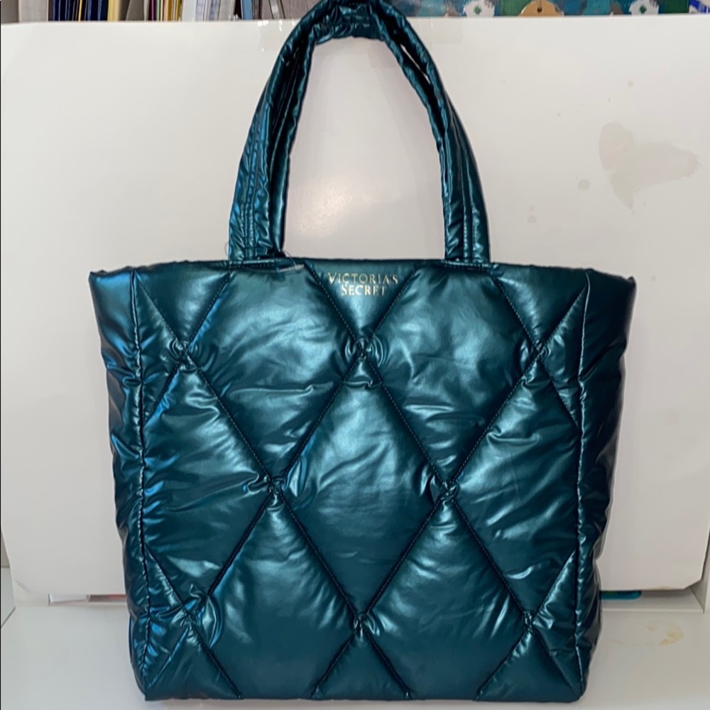 Victoria's Secret Women Tote Metallic Puffer Teal Quilted Shoulder Bag Gloss‎